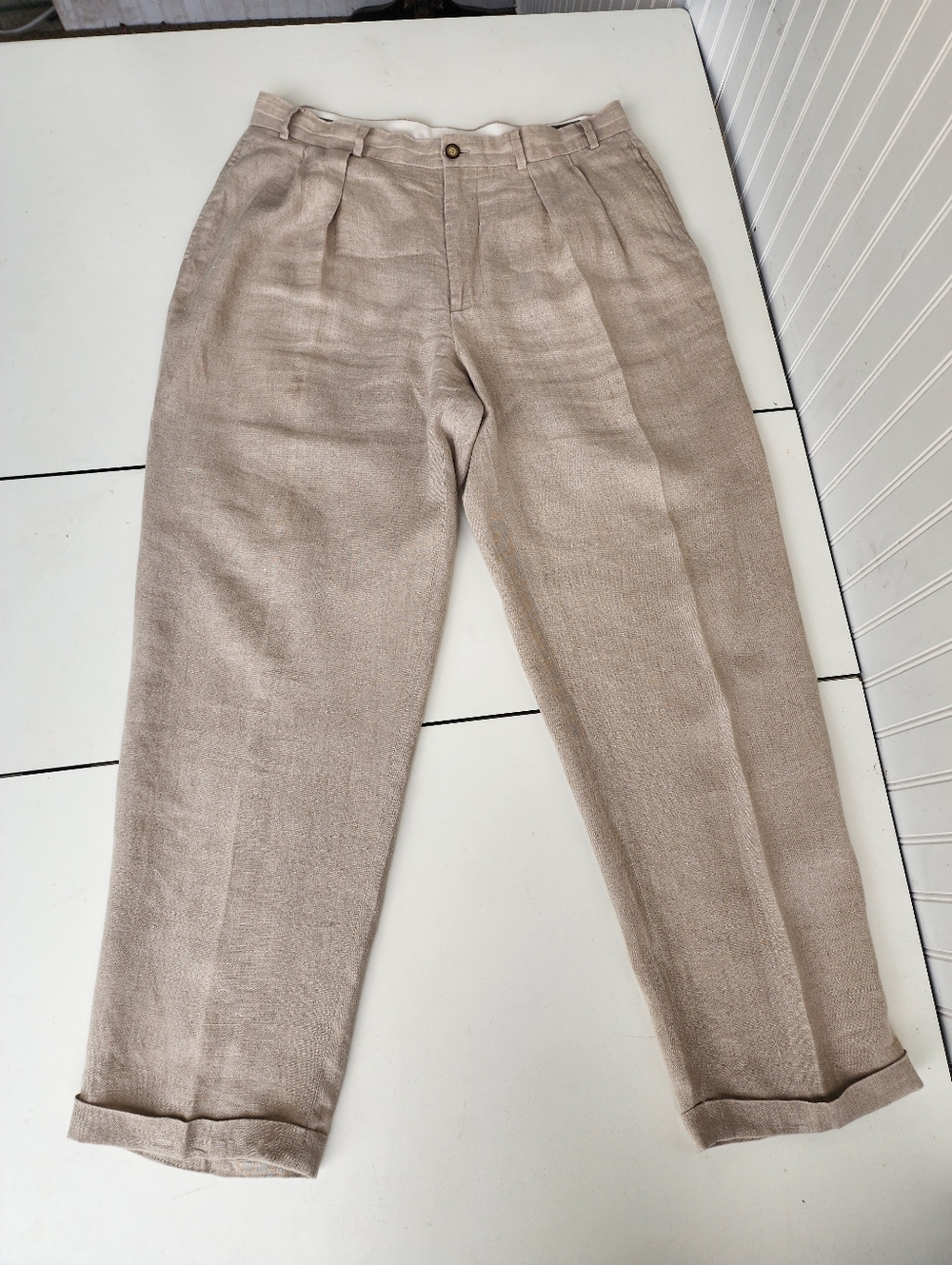 VTG Structure Le Collezioni Mens Beige Italian Linen Pleated Cuffed Trousers 36R
